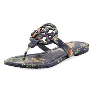 Tory Burch Miller Medallion Floral-Print Leather Flat Thong Sandals
